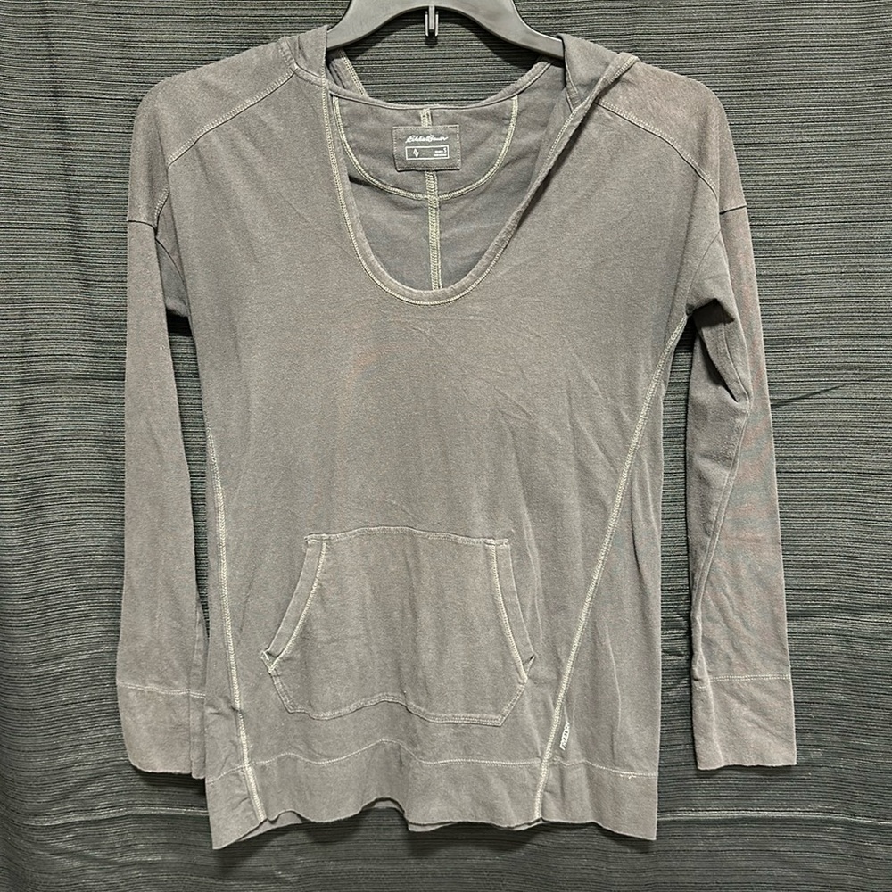 Eddie Bauer Hooded Shirt Womens Small Gray Scoop Neck Long Sleeve / Box 14-4‎